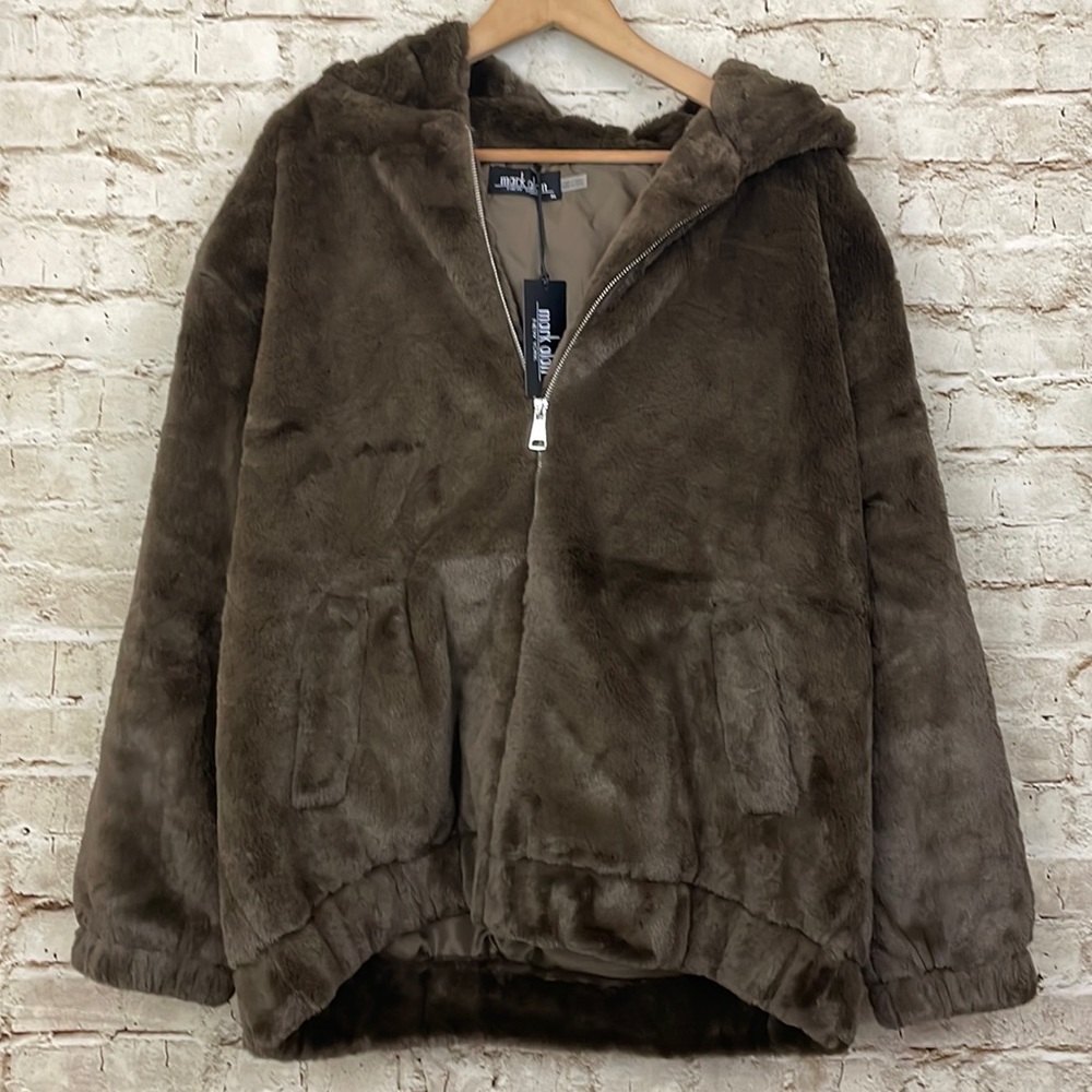 Mark Alan New York faux fur zip up hoodie jacket brown XL nwt mob wives